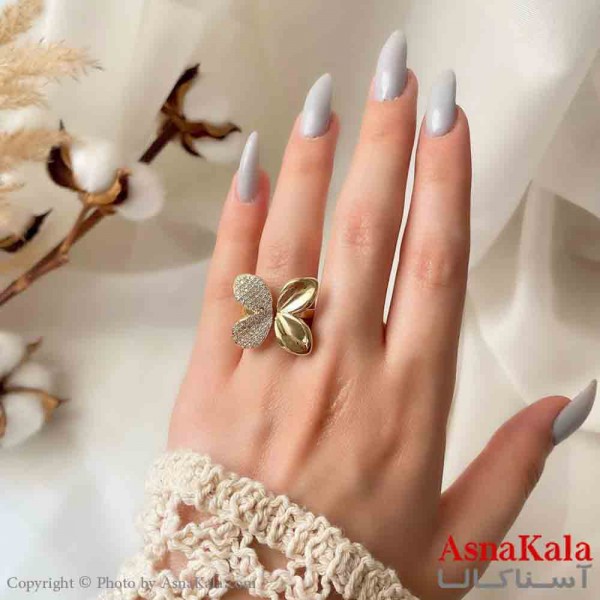انگشتر زنانه استیل مینیمال مدل گل نیم نگین کد ANG19814W
