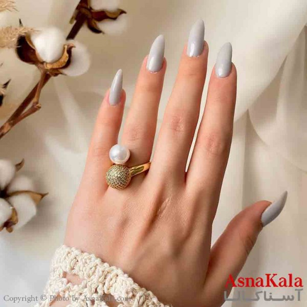 انگشتر زنانه استیل مینیمال مدل گوی و مروارید طلایی کد ANG19836W
