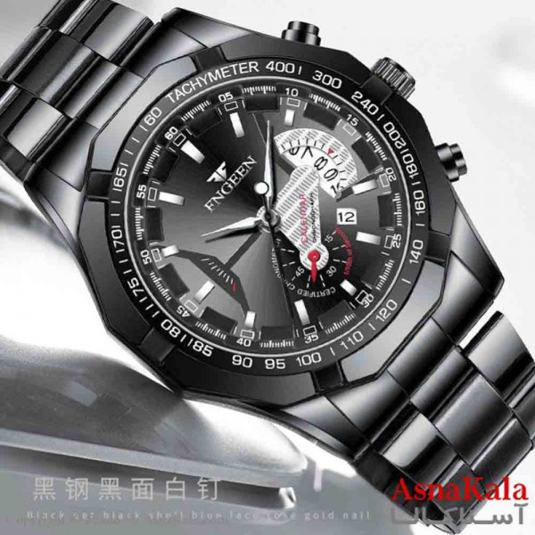 ساعت مردانه FNGEEN مقاوم دربرابر آب  دارای روز شمار بند استیل قفل کلیپسی موتور کوارتز کد WTCH11337W