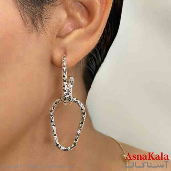 گوشواره دخترانه مینیمال آویز دوحلقه فشن رنگ نقره ای کد GSH151670W