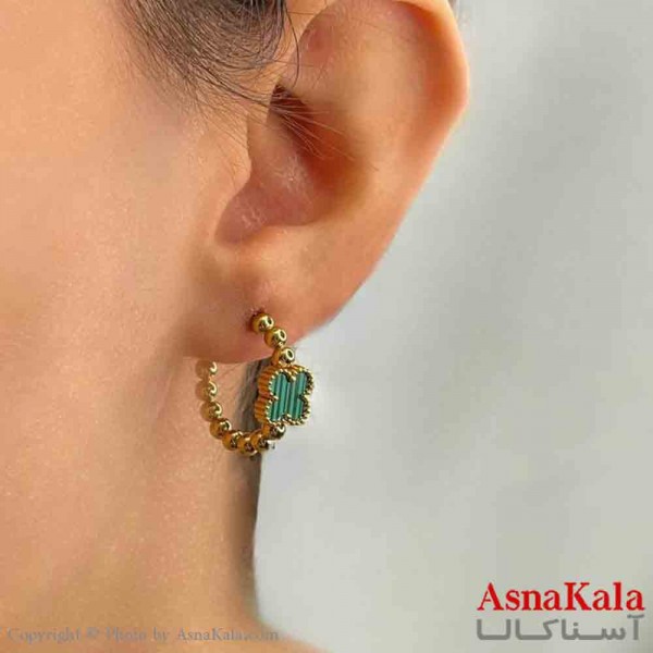 گوشواره دخترانه مینیمال طرح ونکلیف نگین سبز فشن رنگ طلایی کد GSH151812W