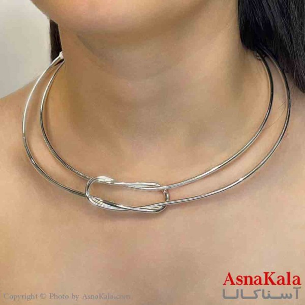 گردنبند طوق  دخترانه پینترستی استیل مدل دولاین وسط بیضی رنگ نقره ای  کد GNB161686W