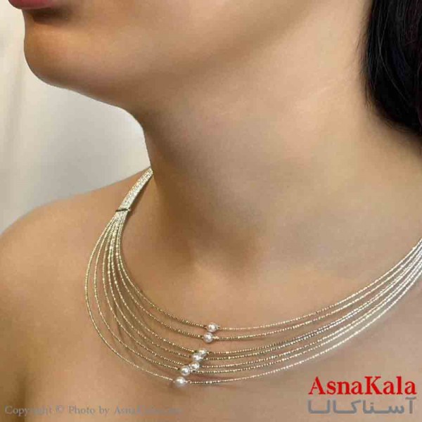 گردنبند طوق دخترانه پینترستی استیل مدل چندلاین مرواریدی رنگ نقره ای کد GNB161691W