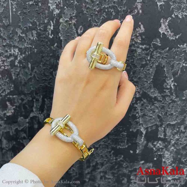 نیم ست زنانه پینترستی  شامل دستبند و انگشترطرح هرمس ترند رنگ طلایی کد NIM14913W