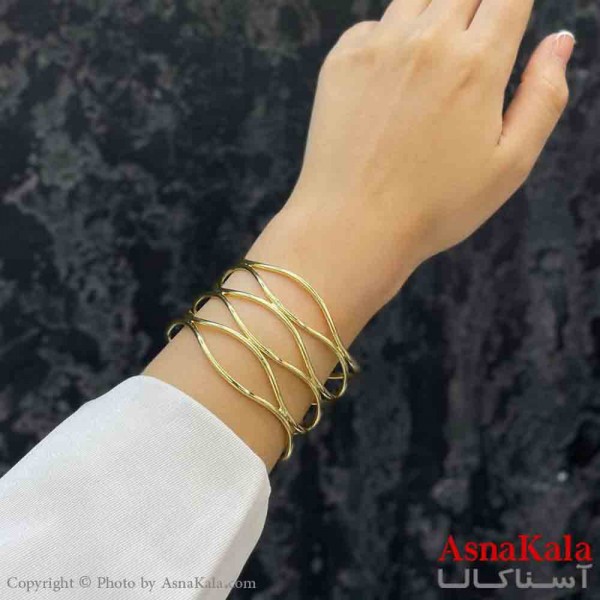 دستبند دخترانه پینترستی استیل  آینه ای چندلاین منحنی رنگ طلایی کد DSB181209W