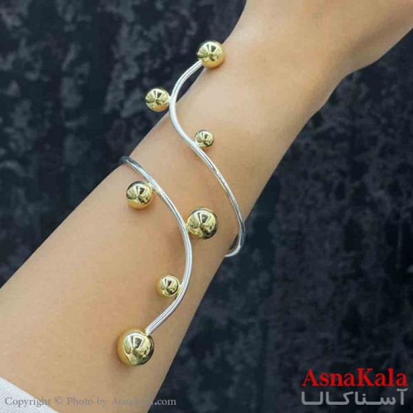 دستبند دخترانه پینترستی استیل آینه ای طرح گوی و مارپیچ رنگ دورنگ کد DSB181224W