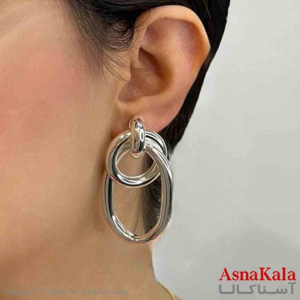 گوشواره دخترانه مینیمال طرح حلقه و بیضی رنگ نقره ای کد GSH151844W