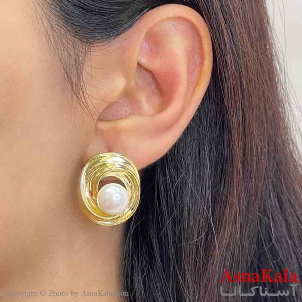 گوشواره دخترانه مینیمال طرح دایره و مروارید رنگ طلایی کد GSH151855W