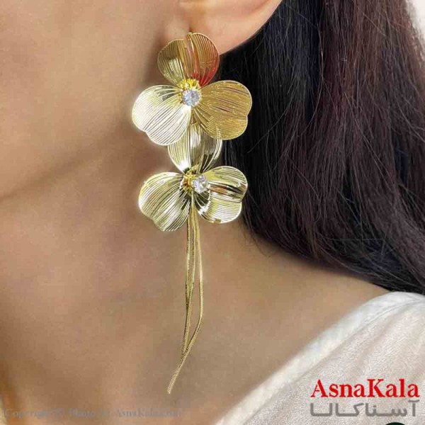گوشواره دخترانه مینیمال طرح دو گل  رنگ طلایی کد GSH151863W