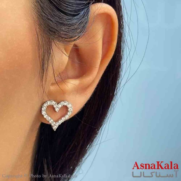 گوشواره دخترانه مینیمال طرح قلب ریز نگیندار رنگ نقره ای کد GSH151874 W