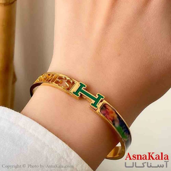 بنگل دخترانه پینترستی استیل هرمس  رنگی و نوشته  رنگ طلایی  سبز کد DSB181388W