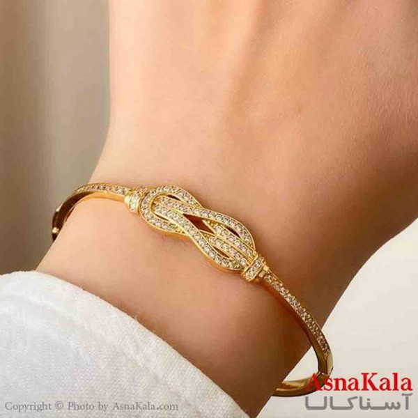 بنگل دخترانه پینترستی استیل گره بینهایت فول نگیندار رنگ طلایی کد DSB181396W