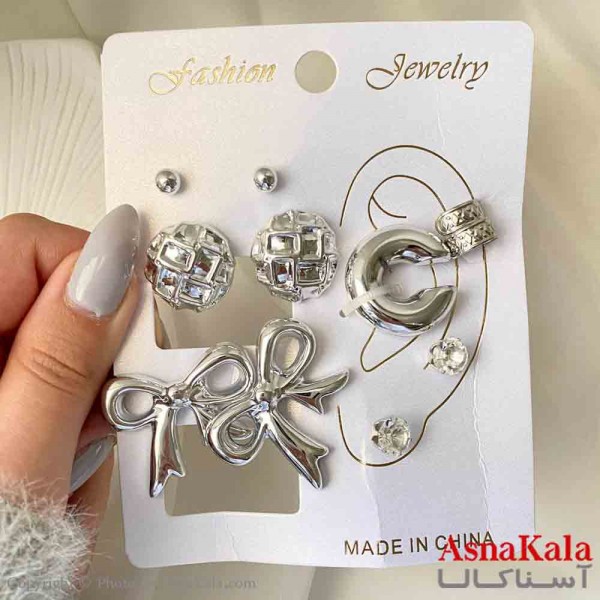 گوشواره زنانه استیل پک 5 جفتی مدل پاپیون فانتزی رنگ نقره ای  کد GSH151905W