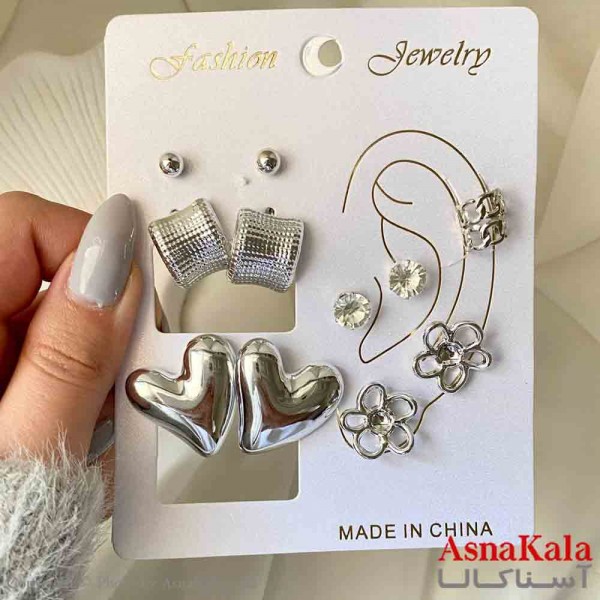 گوشواره زنانه استیل پک 6 جفتی مدل قلبی  فانتزی رنگ نقره ای  کد GSH151906W