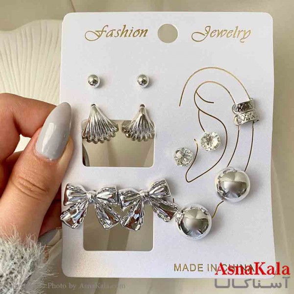 گوشواره زنانه استیل پک 6 جفتی مدل پاپیون و گوی فانتزی رنگ نقره ای  کد GSH151907W