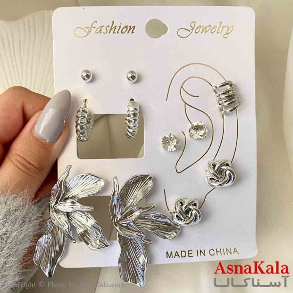 گوشواره زنانه استیل پک 6 جفتی مدل گل و تک نگین فانتزی رنگ نقره ای  کد GSH151908W