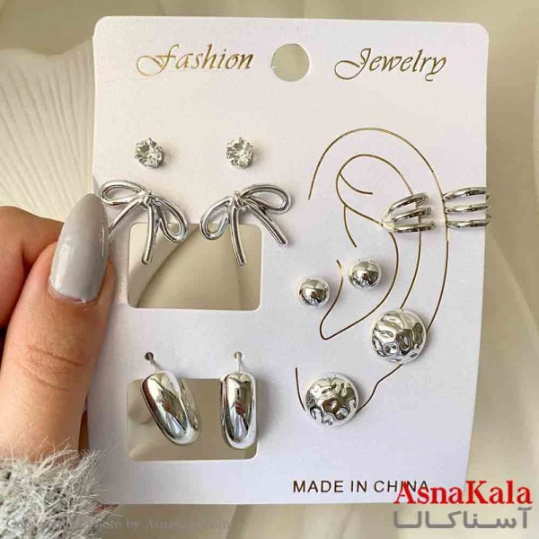 گوشواره زنانه استیل پک 6 جفتی مدل پاپیون و حلقه فانتزی رنگ نقره ای  کد GSH151910W