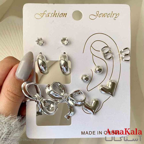 گوشواره زنانه استیل پک 6 جفتی مدل پاپیون و قلب فانتزی رنگ نقره ای  کد GSH151911W