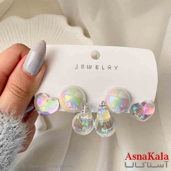 گوشواره زنانه استیل پک 3 جفتی مدل قلب و اشک فانتزی رنگ هلوگرامی  کد GSH151914W