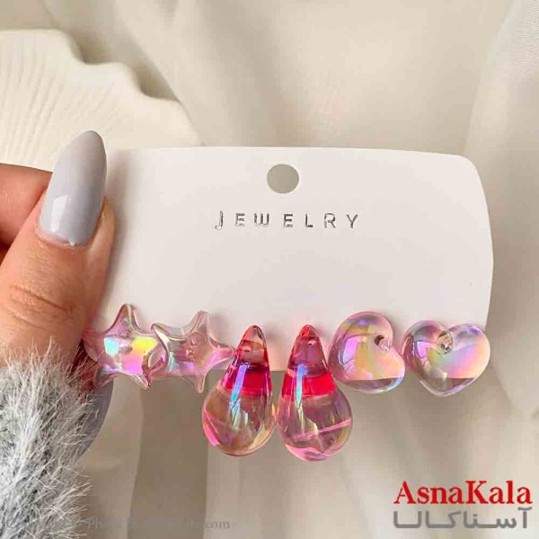 گوشواره زنانه استیل پک 3 جفتی مدل قلب وستاره  فانتزی رنگ صورتی کد GSH151916W