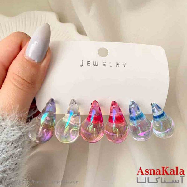 گوشواره زنانه استیل پک 3 جفتی مدل اشک فانتزی چندرنگ کد GSH151919W