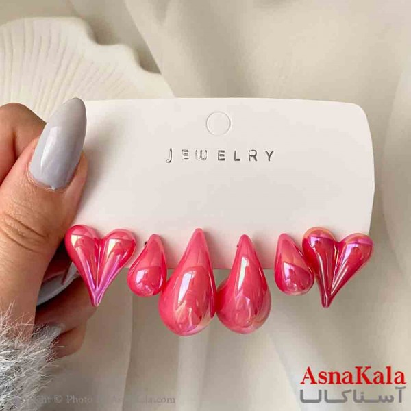 گوشواره زنانه استیل پک 3 جفتی مدل قلب و اشک فانتزی رنگ صورتی کد GSH151920W