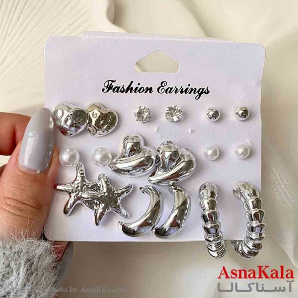 گوشواره پک 9 جفتی مدل قلب و ستاره فانتزی رنگ نقره ای کد GSH151923W