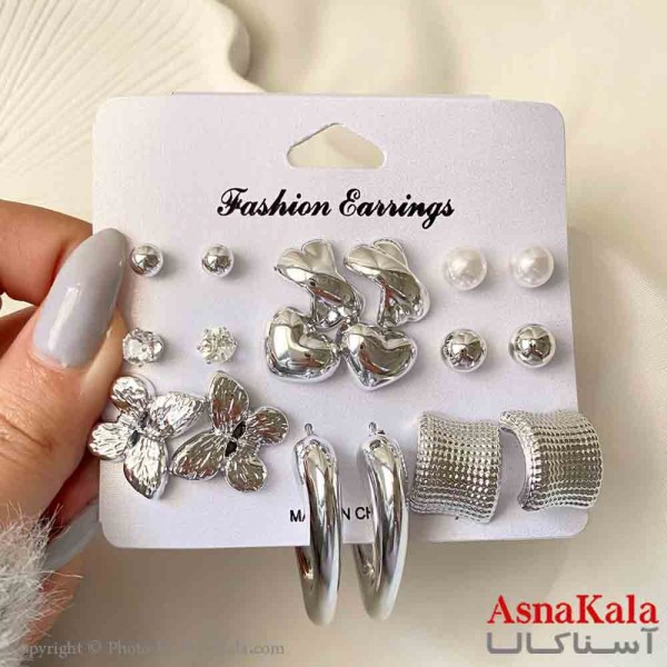 گوشواره زنانه استیل پک 9 جفتی مدل گل و مروارید فانتزی رنگ نقره ای کد GSH151927W