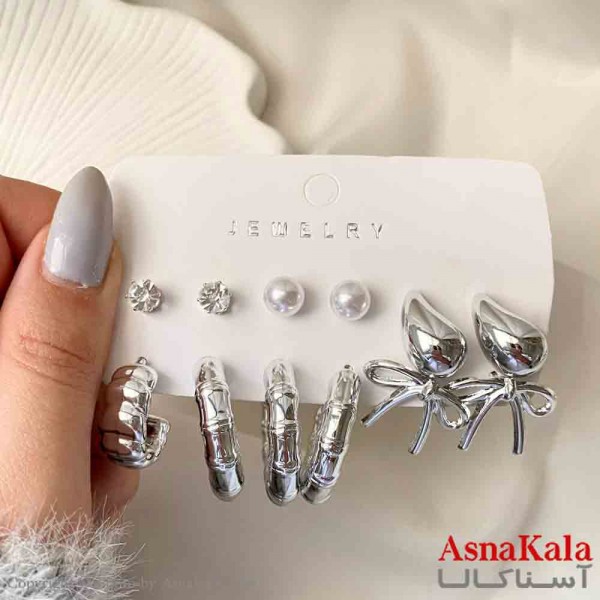 گوشواره زنانه استیل پک 6 جفتی مدل اشک و مروارید  فانتزی رنگ نقره ای کد GSH151934W