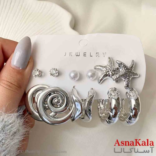 گوشواره پک 6 جفتی مدل ستاره دریایی و مروارید  فانتزی رنگ نقره ای کد GSH151935W