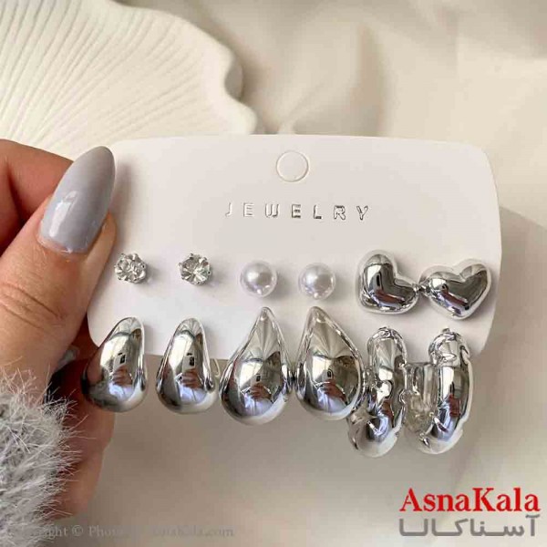 گوشواره زنانه استیل پک 6جفتی مدل اشک و قلب فانتزی رنگ نقره ای کد GSH151938W