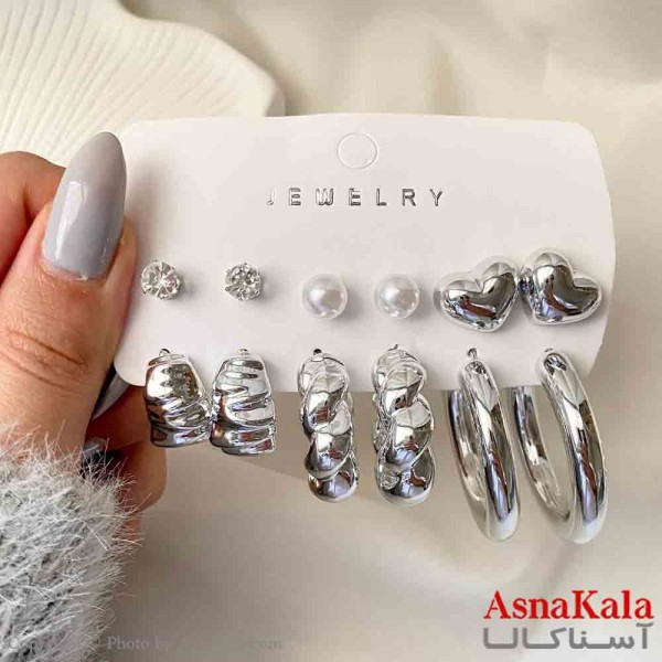 گوشواره زنانه استیل پک 6 جفتی حلقه و قلب  فانتزی رنگ نقره ای کد GSH151939W