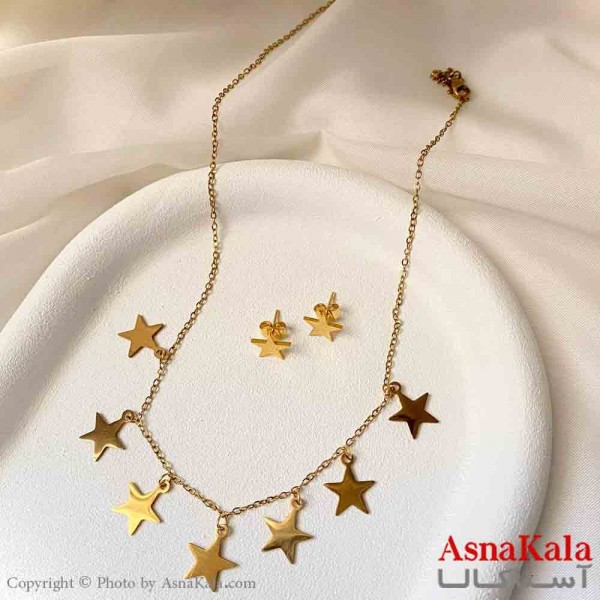 نیم ست زنانه شامل گردنبند و گوشواره استیل مدل ستاره توپر رنگ طلایی کد NIM14929W
