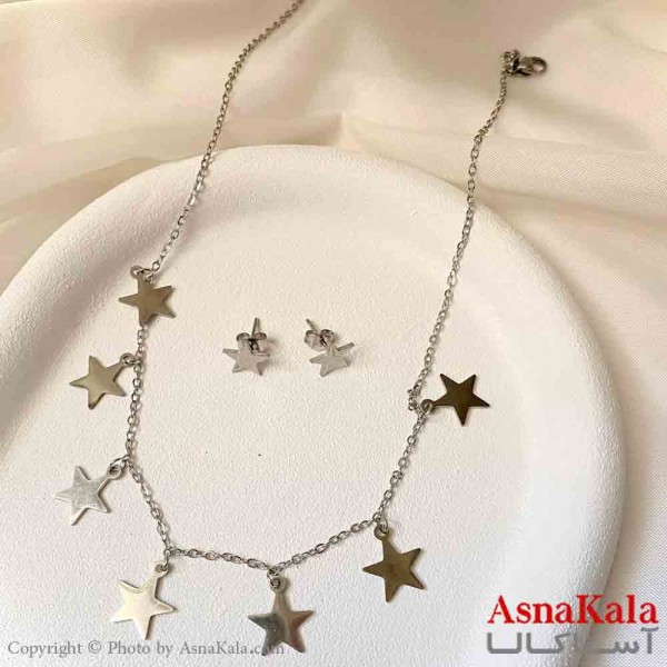 نیم ست زنانه شامل گردنبند و گوشواره استیل مدل ستاره توپر رنگ نقره ای کد NIM14930W