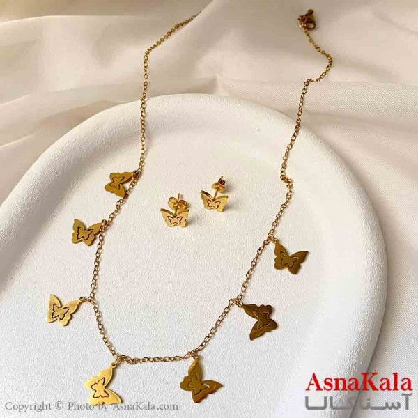 نیم ست زنانه شامل گردنبند و گوشواره استیل مدل پروانه رنگ طلایی کد NIM14931W