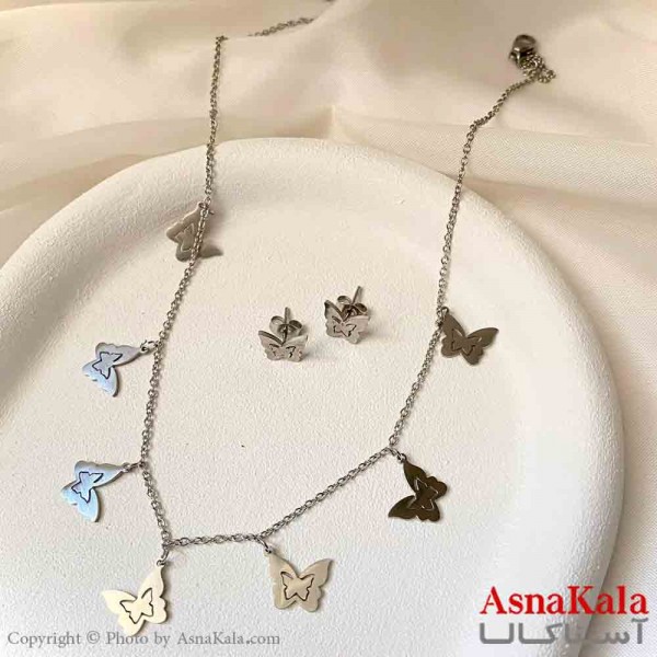 نیم ست زنانه شامل گردنبند و گوشواره استیل مدل پروانه رنگ نقره ای کد NIM14932W