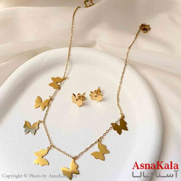 نیم ست زنانه شامل گردنبند و گوشواره استیل مدل پروانه مدرن رنگ طلایی کد NIM14935W