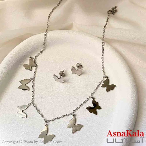 نیم ست زنانه شامل گردنبند و گوشواره استیل مدل پروانه مدرن رنگ نقره ای کد NIM14936W