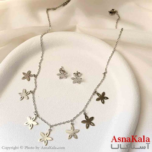 نیم ست زنانه شامل گردنبند و گوشواره استیل مدل ستاره مدرن رنگ نقره ای کد NIM14938W