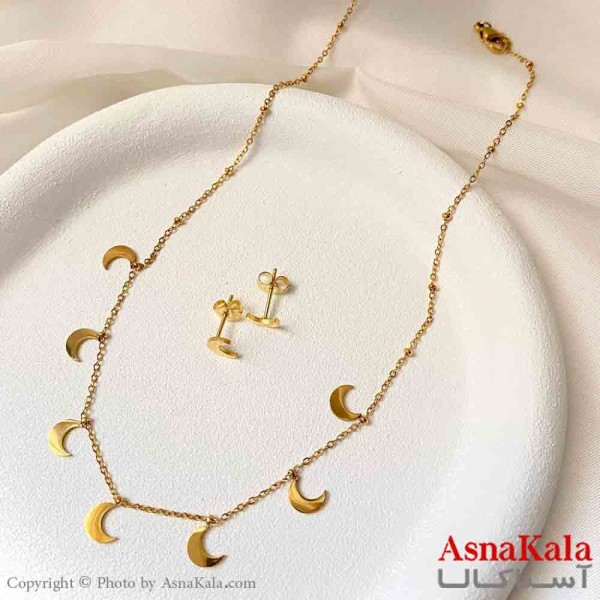 نیم ست زنانه شامل گردنبند و گوشواره استیل مدل ماه مدرن رنگ طلایی کد NIM14939W