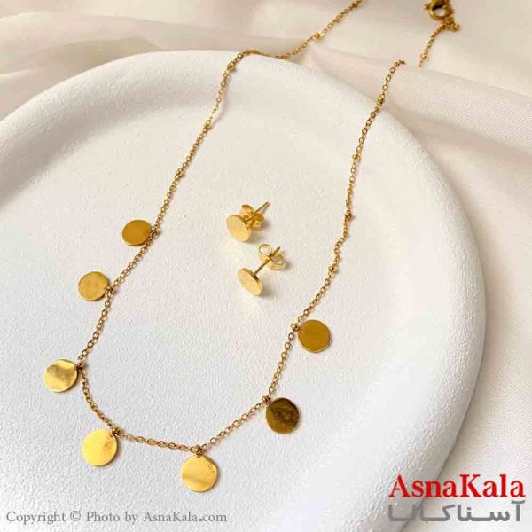 نیم ست زنانه شامل گردنبند و گوشواره استیل مدل دایره مدرن رنگ طلایی کد NIM14940W