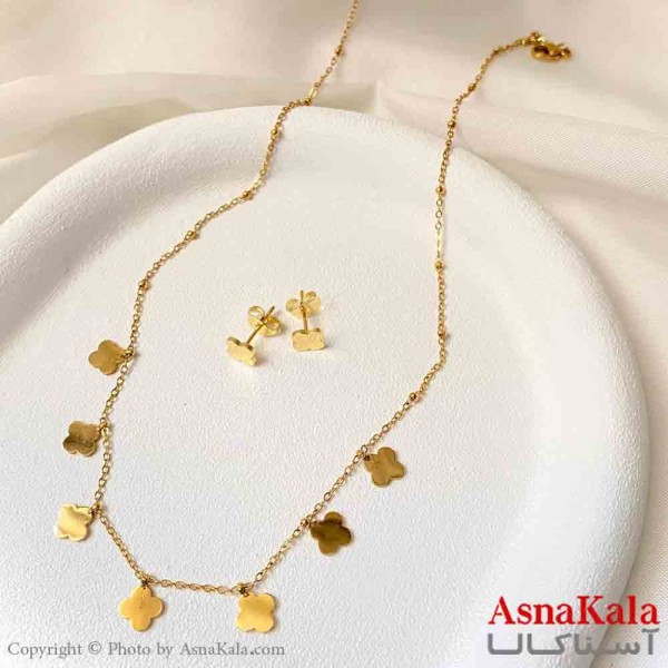 نیم ست زنانه شامل گردنبند و گوشواره استیل مدل شبدر مدرن رنگ طلایی کد NIM14941W