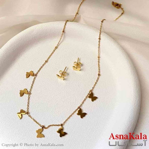 نیم ست زنانه شامل گردنبند و گوشواره استیل مدل پروانه خاص رنگ طلایی کد NIM14942W