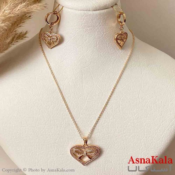 نیم ست زنانه ژوپینگ مدل قلب و پاپیون نگیندار شامل گوشواره و آویز رنگ طلایی کد NIM14951W