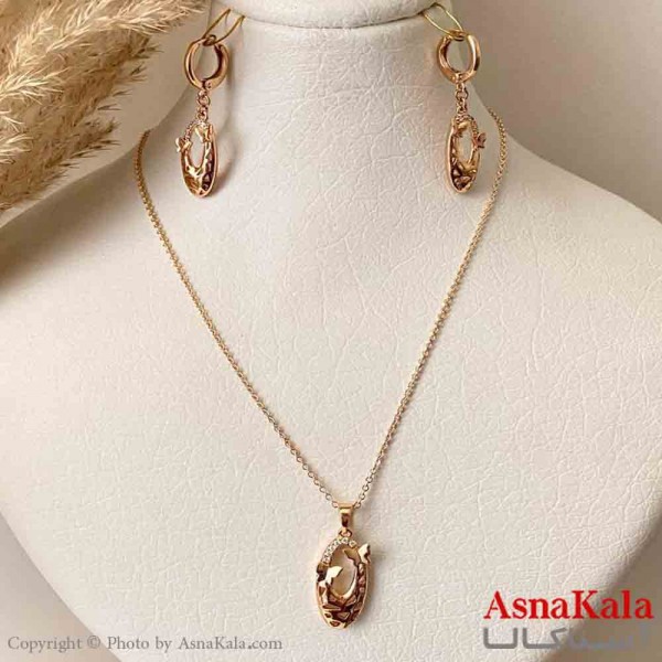 نیم ست زنانه شوپینگ مدل بیضی و پروانه نگیندار شامل گوشواره و آویز رنگ طلایی کد NIM14970W