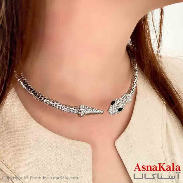 گردنبند طوق دخترانه پینترستی استیل مدل مار نگیندار رنگ نقره ای کد GNB161769W
