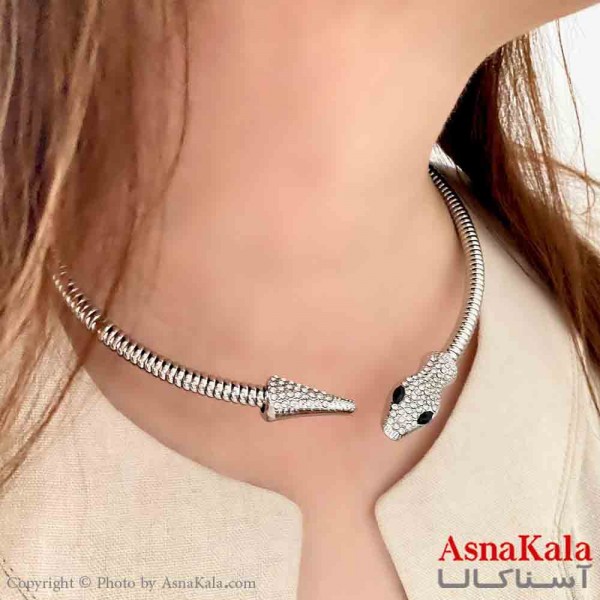 گردنبند طوق دخترانه پینترستی استیل مدل مار و استوانه رنگ نقره ای کد GNB161773W