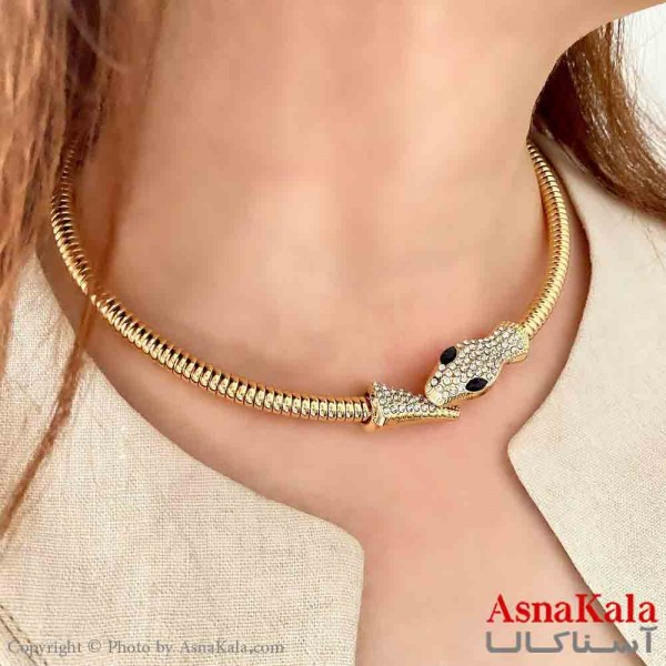 گردنبند طوق دخترانه پینترستی استیل مدل مار و استوانه رنگ طلایی کد GNB161774W