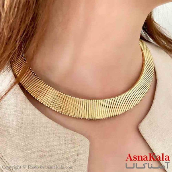 گردنبند طوق دخترانه پینترستی استیل مدل آینه ای پهن رنگ طلایی کد GNB161777W
