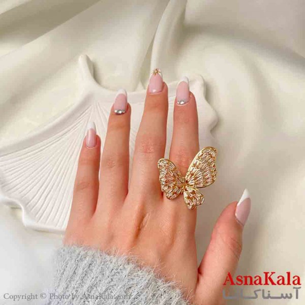 انگشتر زنانه استیل مینیمال مدل پروانه نگیندار فری سایز  رنگ طلایی کد ANG19863W